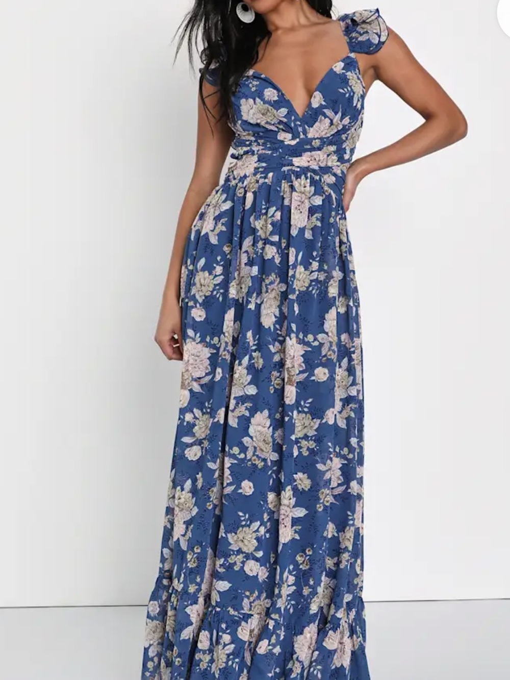 Lulu's - NWOT Soiree Celebration Blue Floral Ruffled Lace-Up Maxi Dress-Small